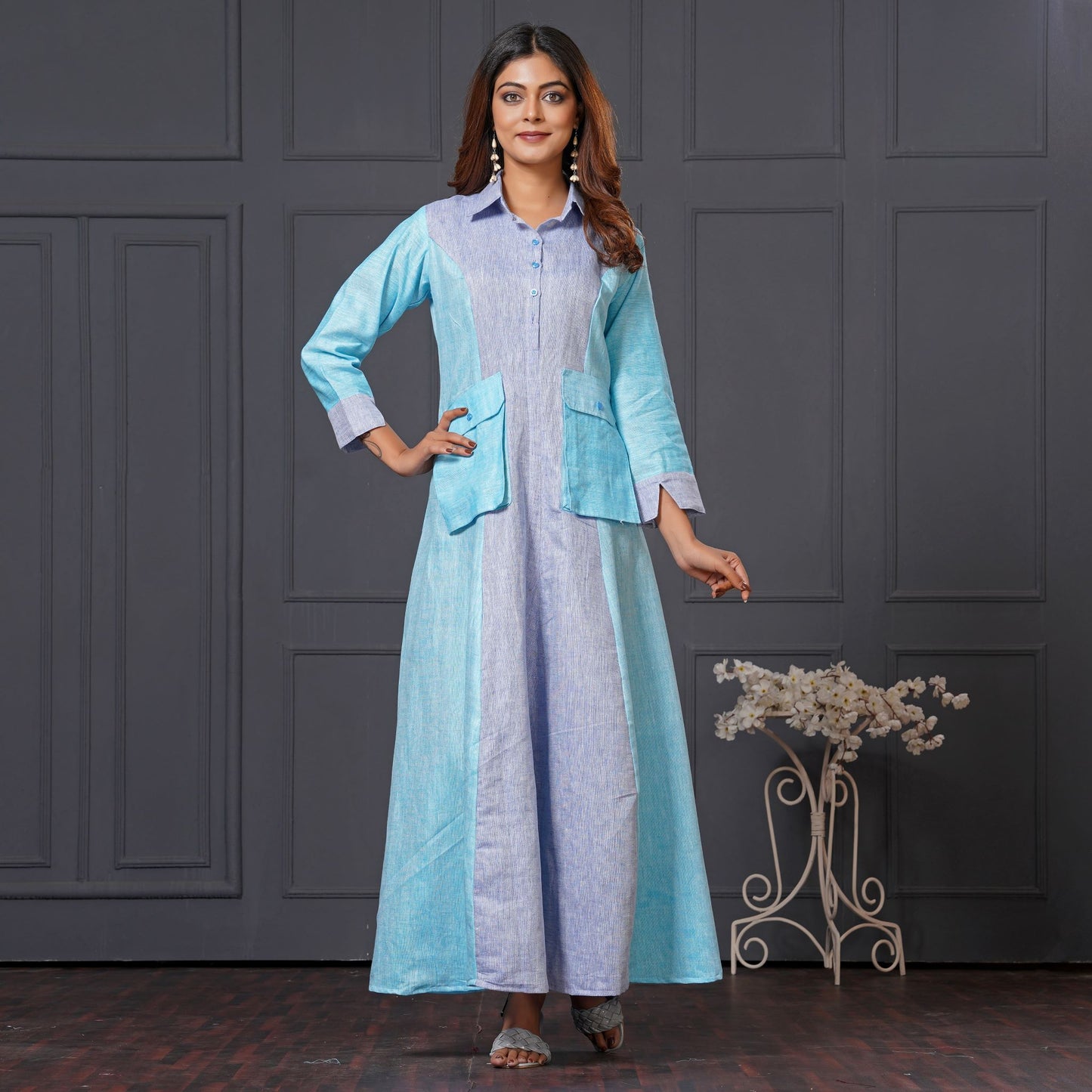 Lataree Jiya High Summer Collection – Ocean Mist Cargo Maxi Blue Linen Cotton Long Gown with Pockets