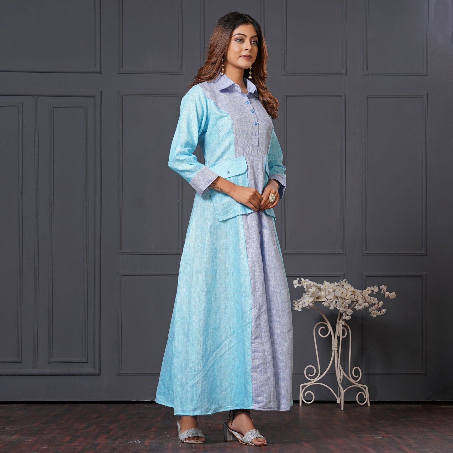 Lataree Jiya High Summer Collection – Ocean Mist Cargo Maxi Blue Linen Cotton Long Gown with Pockets
