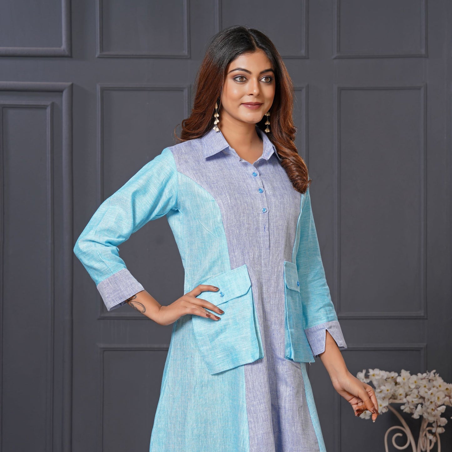 Lataree Jiya High Summer Collection – Ocean Mist Cargo Maxi Blue Linen Cotton Long Gown with Pockets
