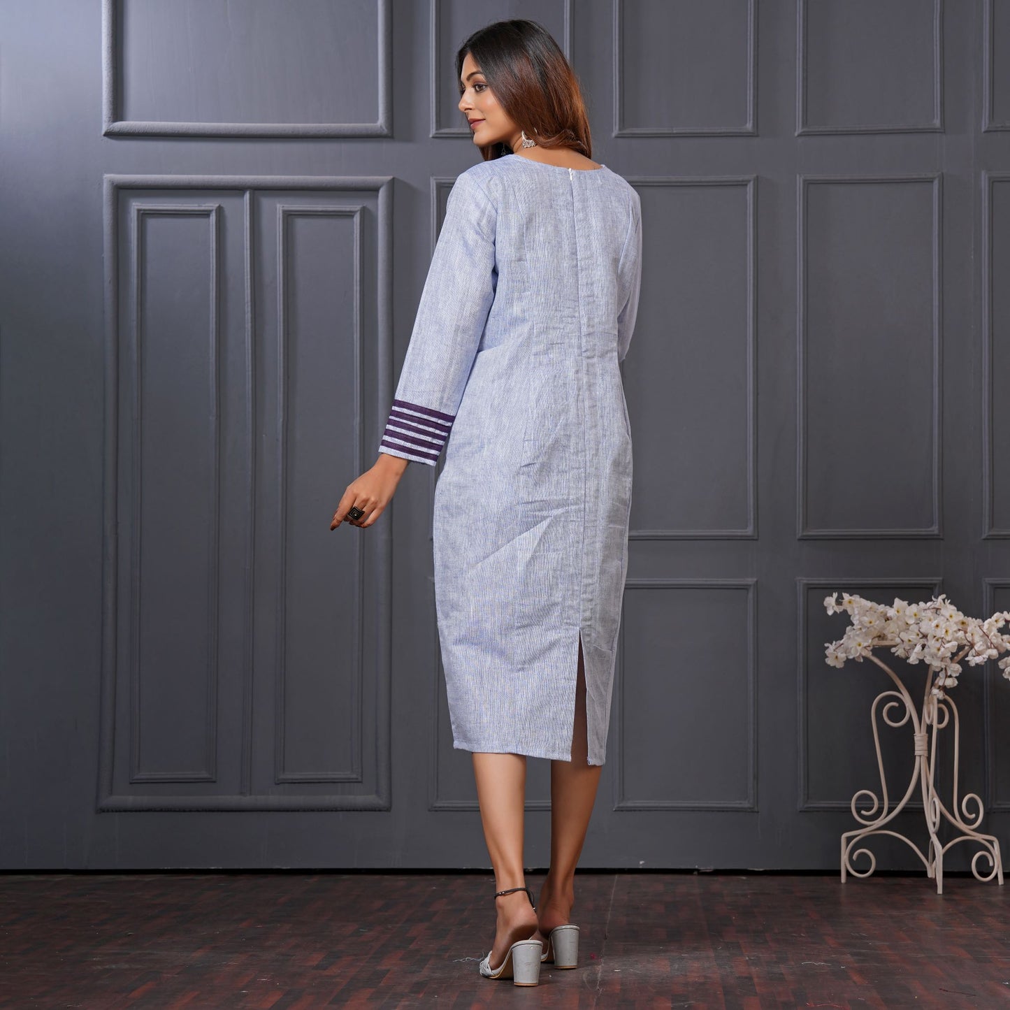 Lataree Jiya High Summer Collection – Blue Striped A-Line Linen Cotton Dress with Pockets