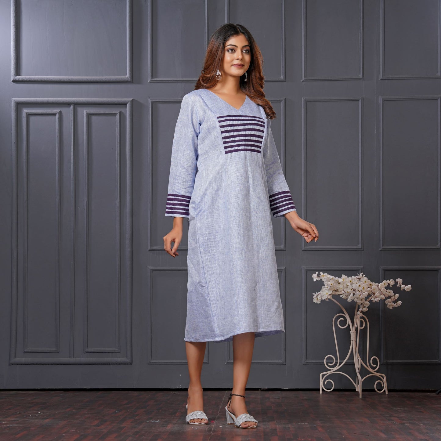 Lataree Jiya High Summer Collection – Blue Striped A-Line Linen Cotton Dress with Pockets