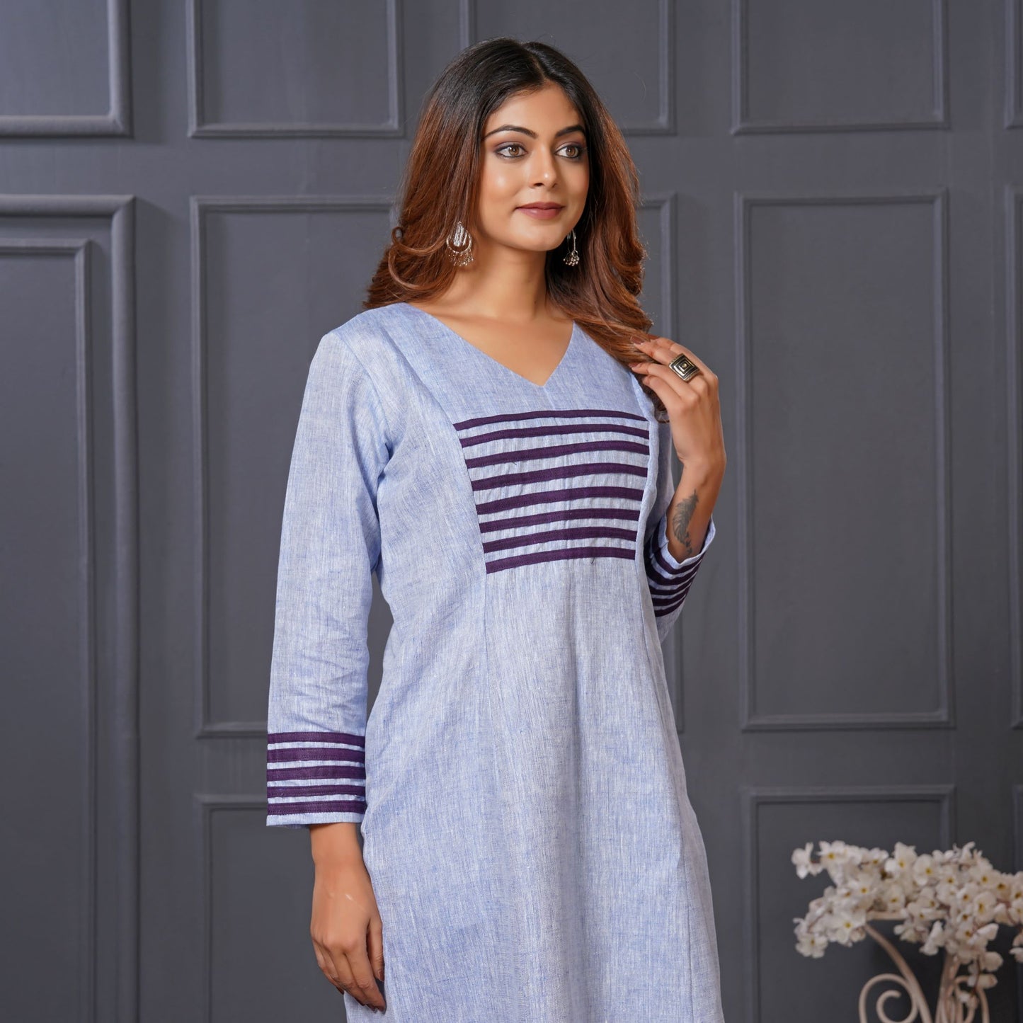 Lataree Jiya High Summer Collection – Blue Striped A-Line Linen Cotton Dress with Pockets