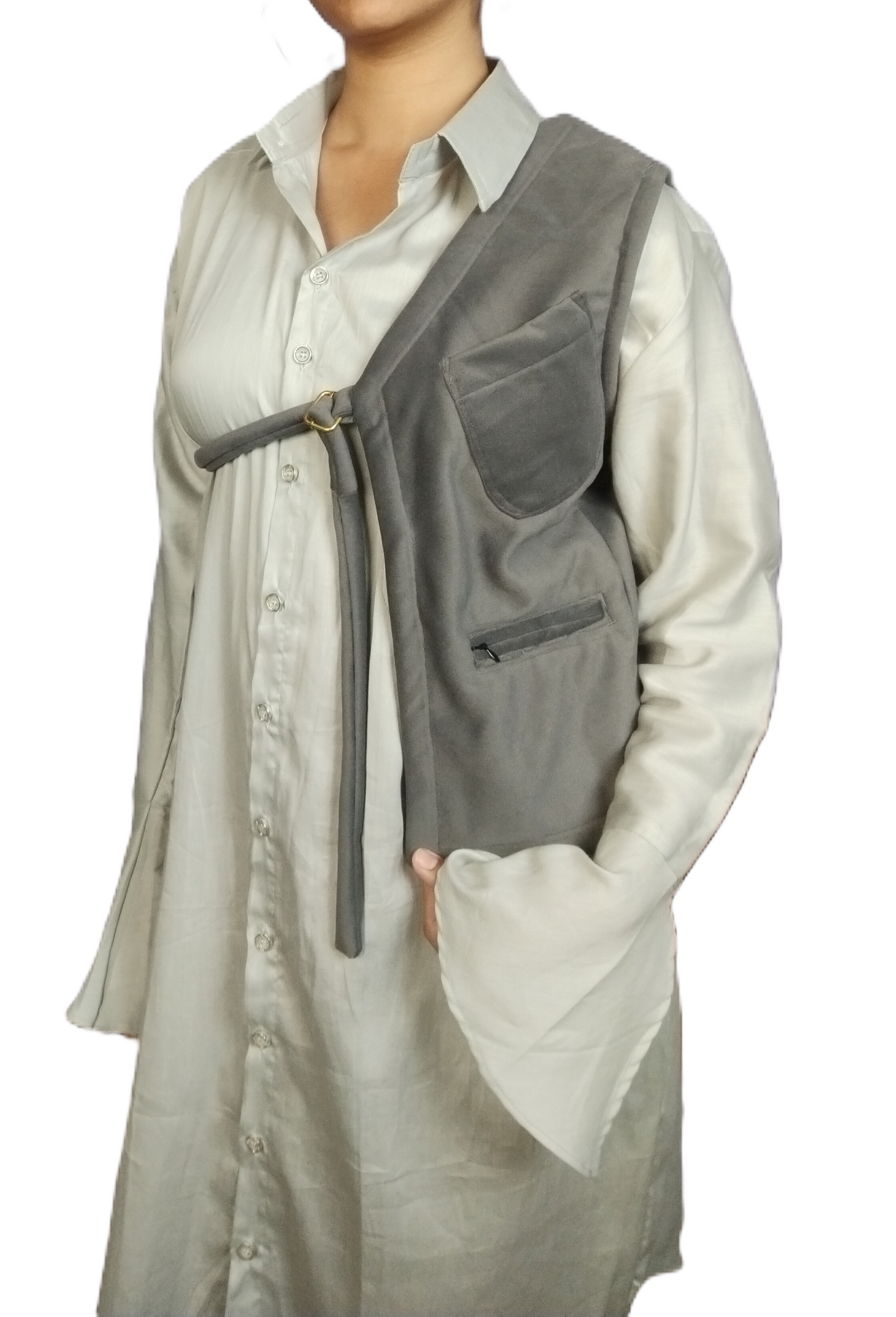LATAREE Warm Gray Cutaway Vest with Functional Pocket – Cozy & Stylish