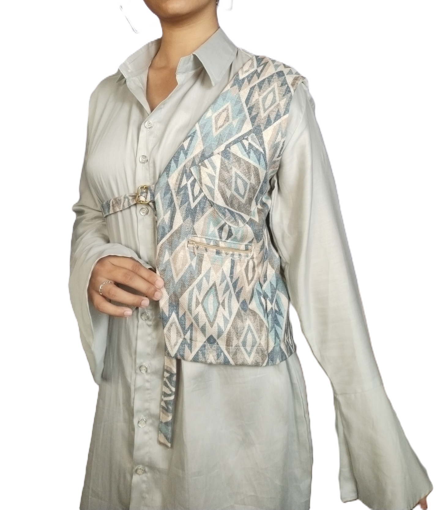 Blue-Gray Printed Cutaway Vest - Lataree