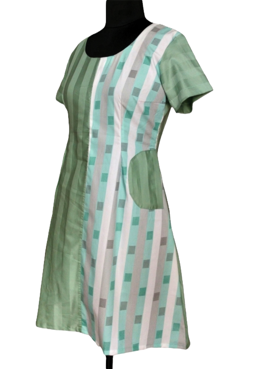 Mint Green Mini Dress with Patch Pockets & Abstract Stripes - Lataree