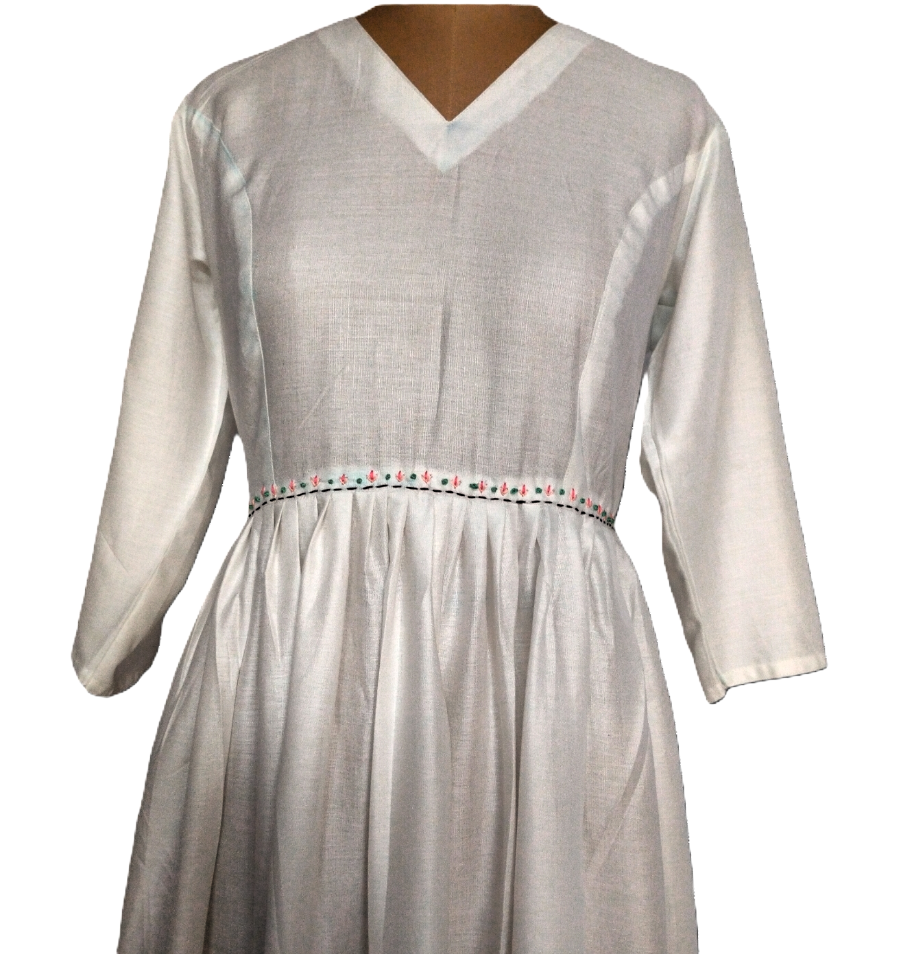 White V-Neck Midi Dress with Embroidered Waistline - Lataree