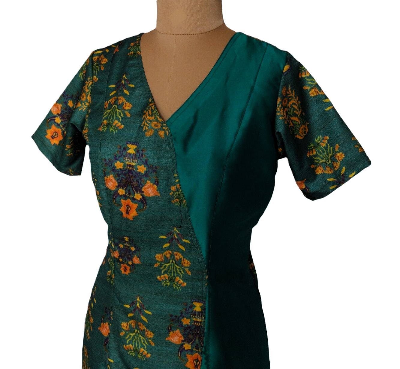 Green Floral Wrap Dress with V-Neckline - Lataree