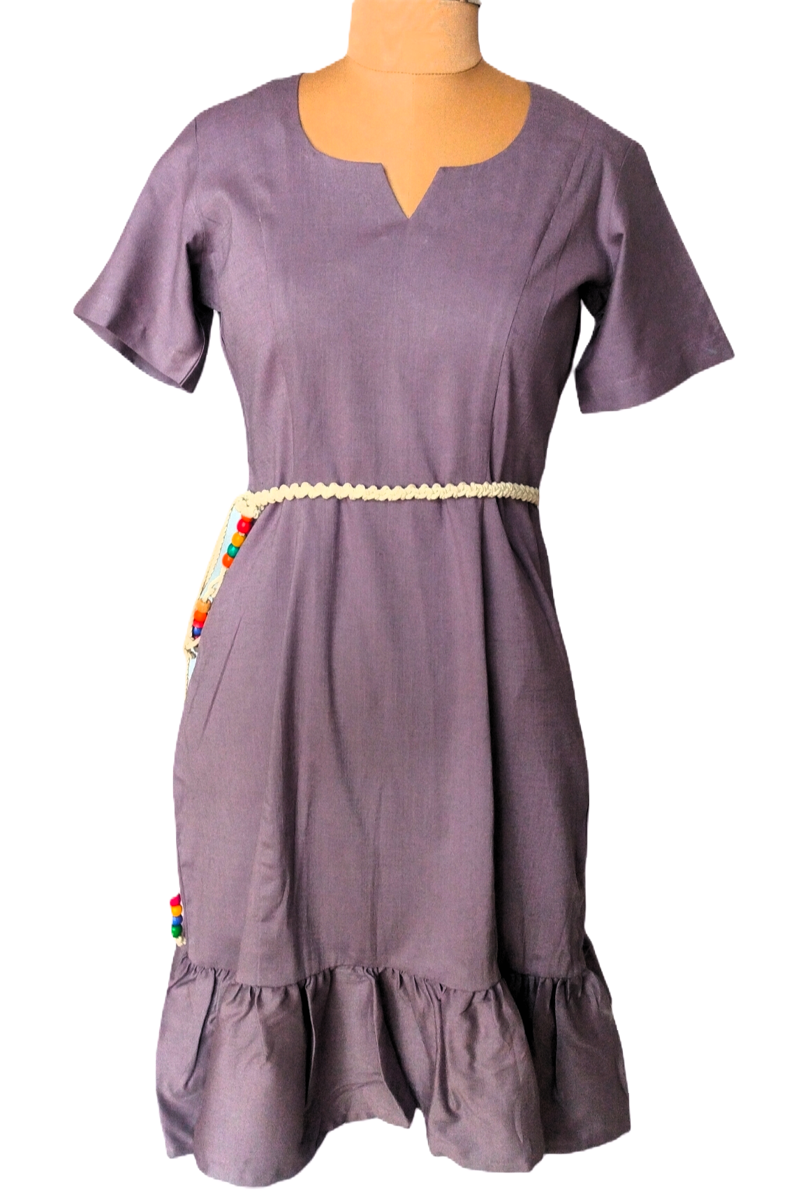 LATAREE Lavender Ruffle Hem Mini Dress with Beaded Accents & Side Pockets – Chic & Functional