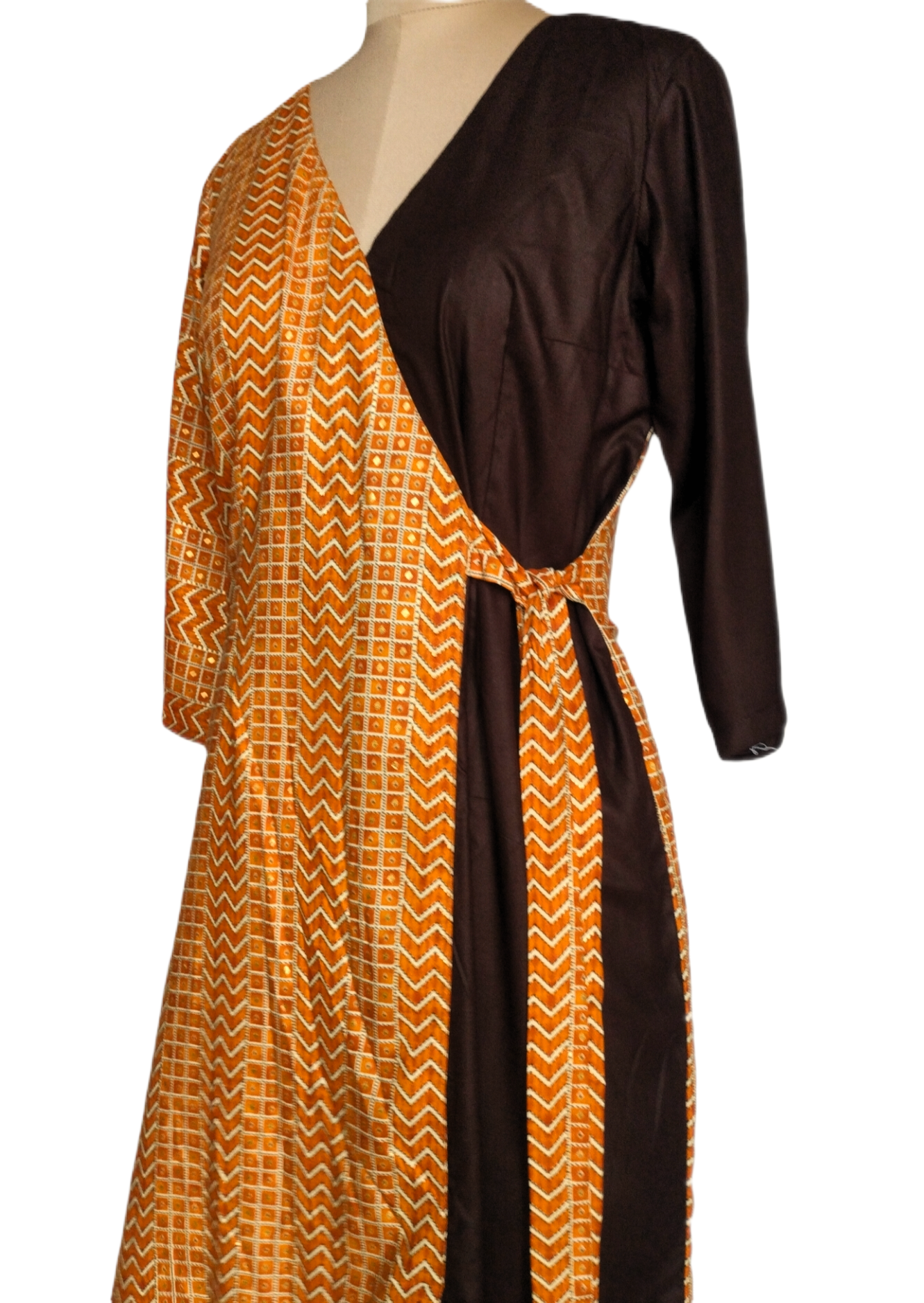 Mustard and Brown Wrap Midi Dress with Geometric Print