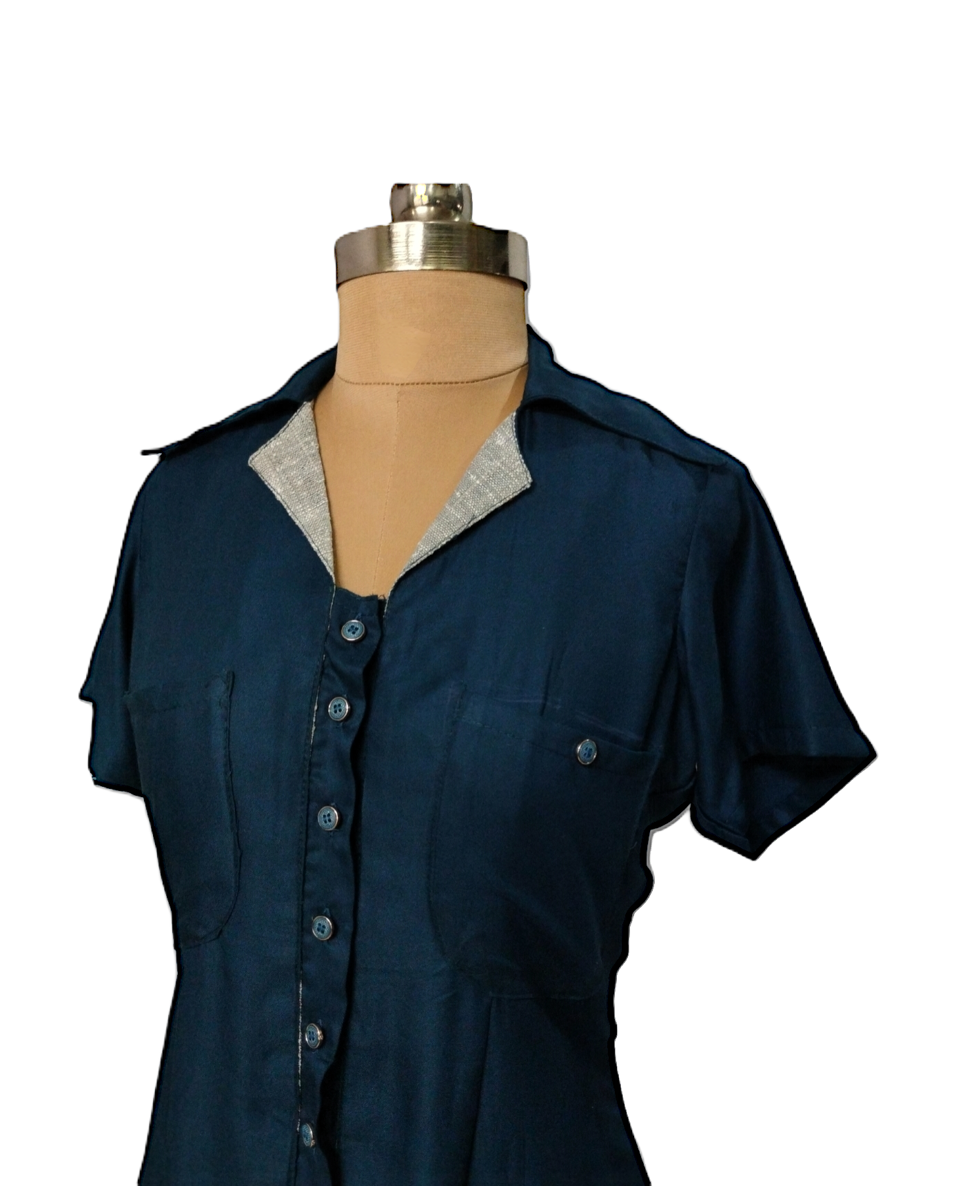 LATAREE Navy Blue Button-Down Shirt Dress with Pockets – Skin-Friendly & Stylish