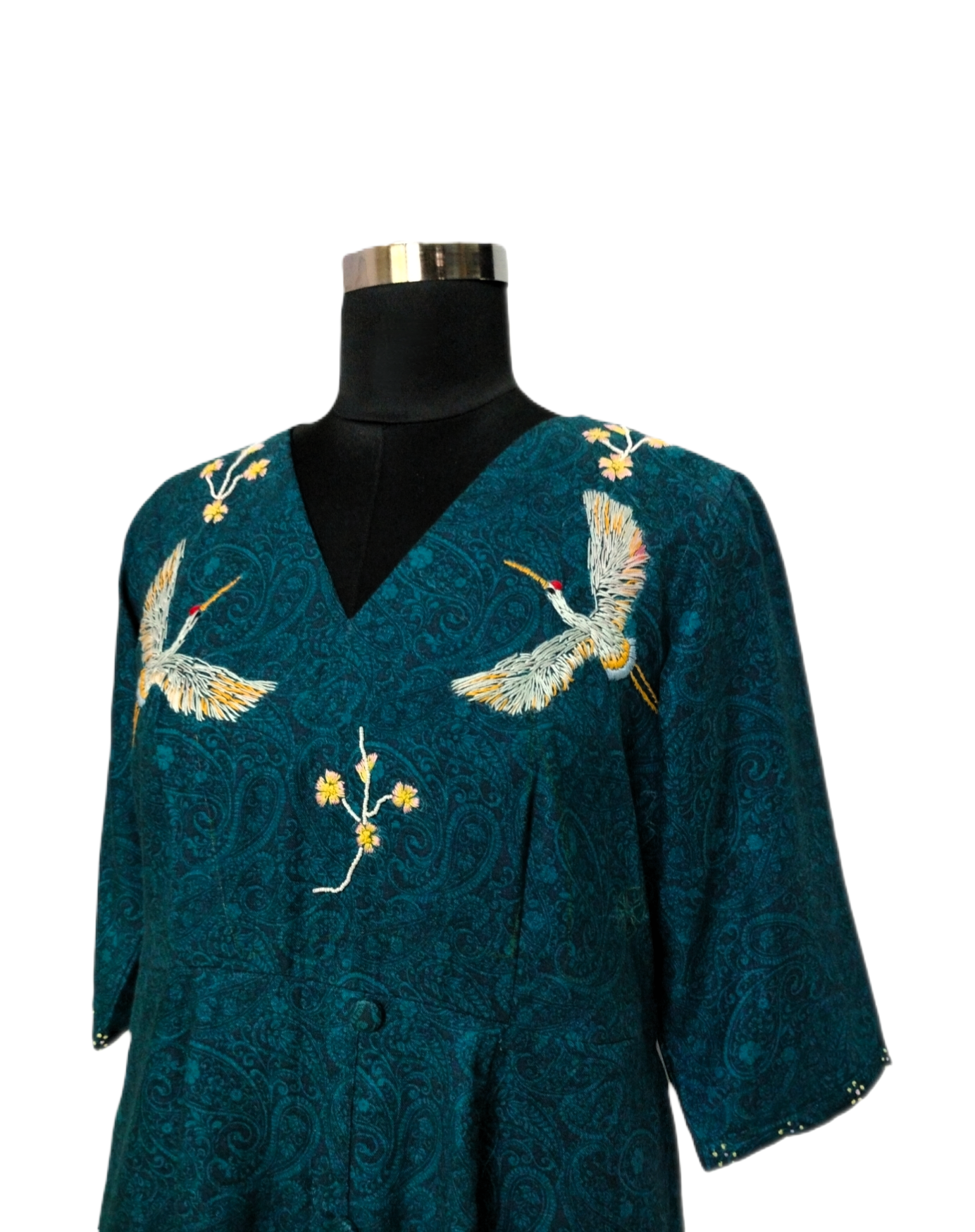 LATAREE Teal Midi Dress with Handcrafted Swan Embroidery & Dual Pockets – Artistic & Comfortable
