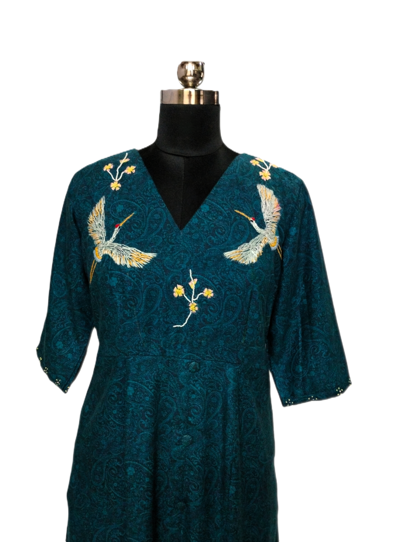 LATAREE Teal Midi Dress with Handcrafted Swan Embroidery & Dual Pockets – Artistic & Comfortable