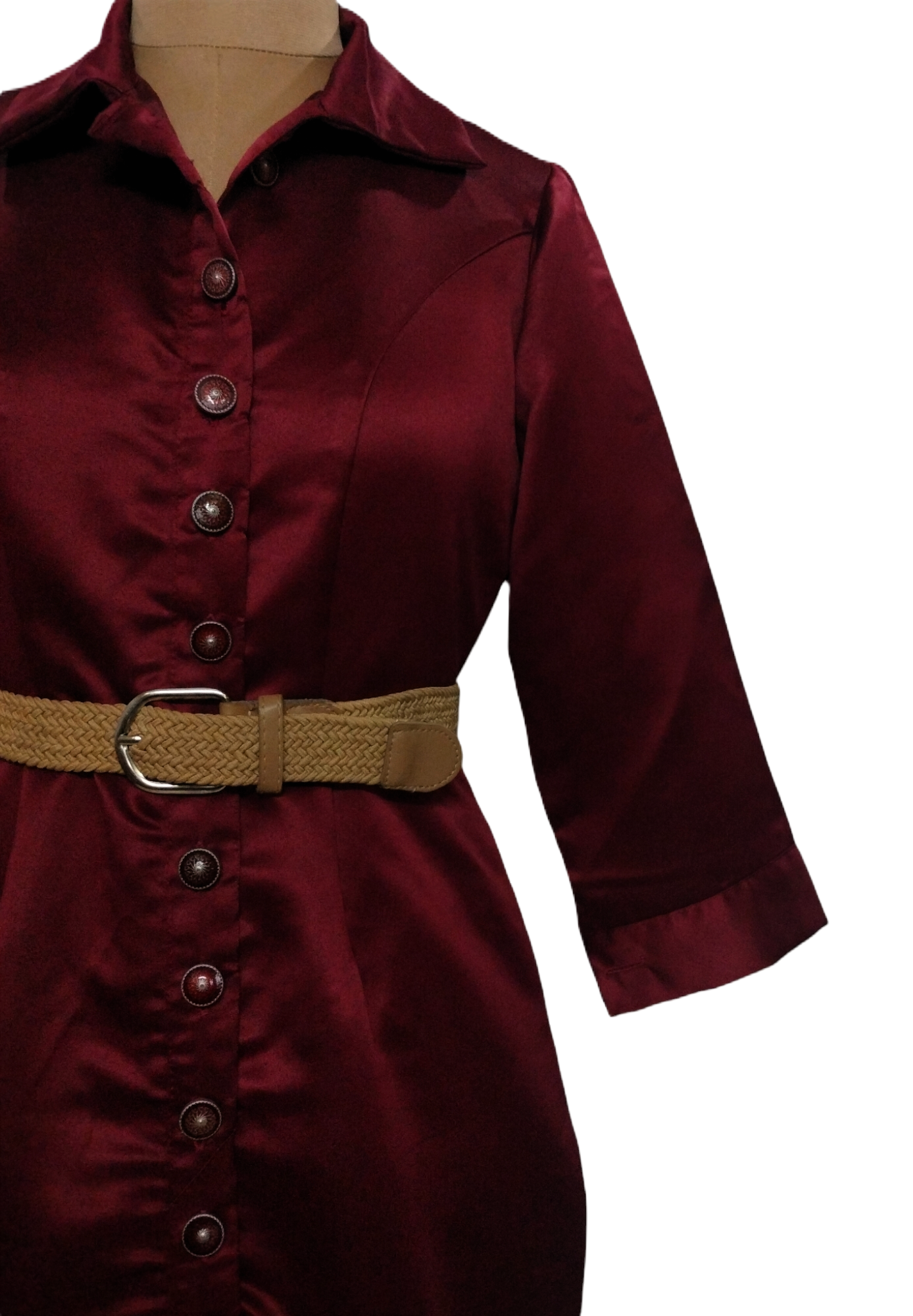 LATAREE Maroon Button-Down Midi Dress with Ruffle Hem – Gentle Fabric & Distinctive Design