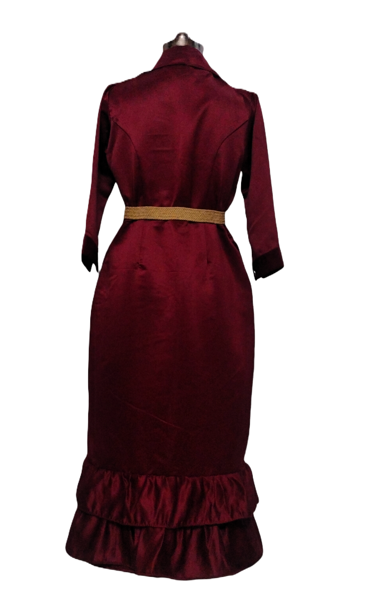 Maroon Button-Down Midi Dress with Ruffle Hem - Lataree