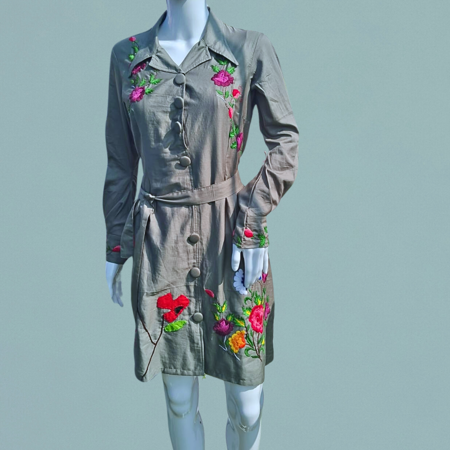Olive Green Embroidered Shirt Dress with Belt - Lataree
