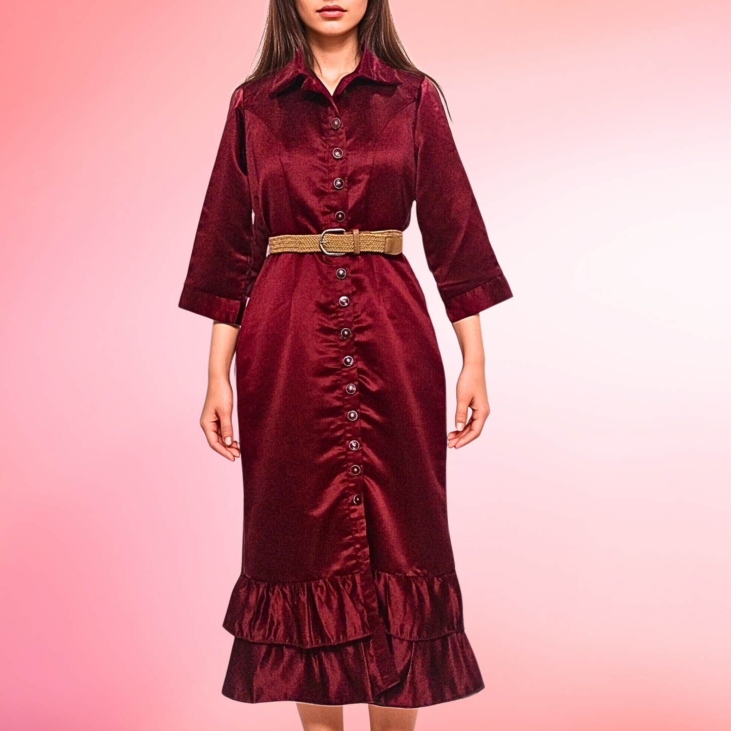 LATAREE Maroon Button-Down Midi Dress with Ruffle Hem – Gentle Fabric & Distinctive Design