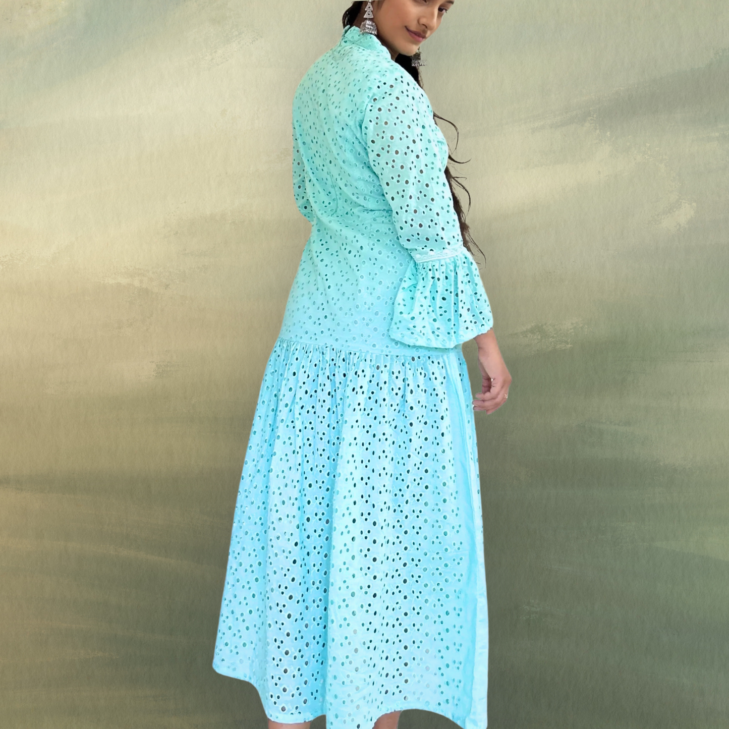 Aqua Blue Floral Embroidered Tiered Midi Dress - Lataree