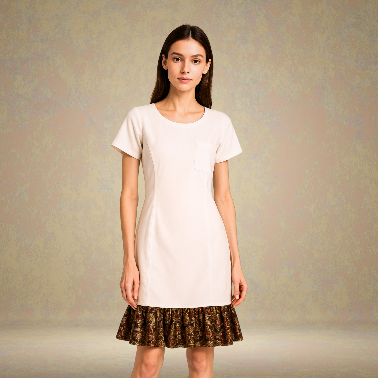 LATAREE White Bodycon Dress with Printed Hemline – Classic Elegance & Unique Style