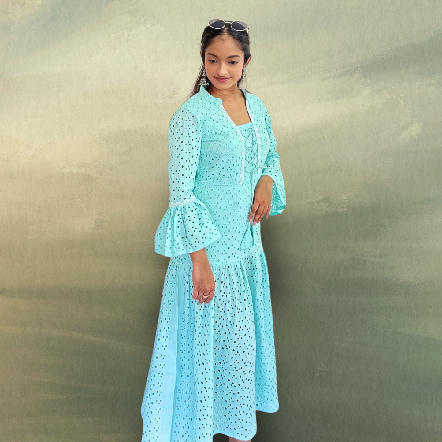 Aqua Blue Floral Embroidered Tiered Midi Dress - Lataree