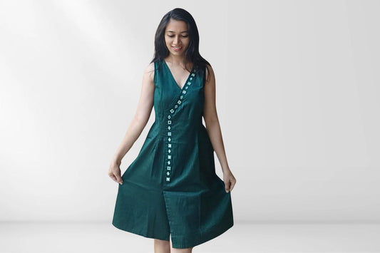 Lataree emerald green hand mirror work wrap dress Indian women everyday western wear