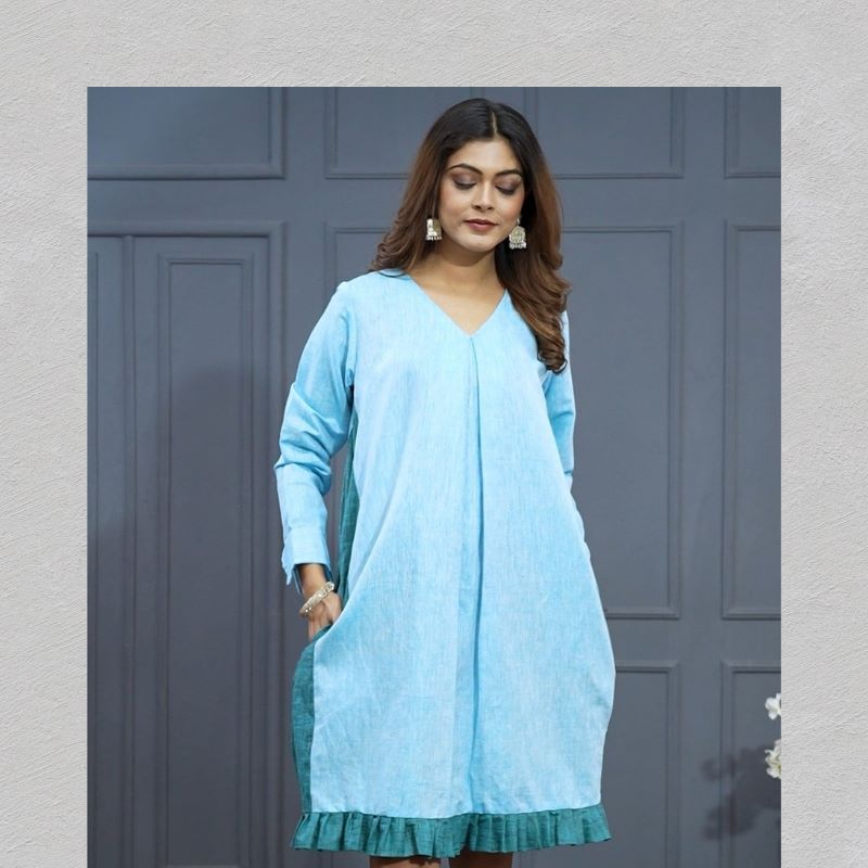 Lataree sky blue linen midi dress with pockets