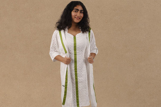 Lataree white hakoba cotton dress with green trim everyday western wear Indian women