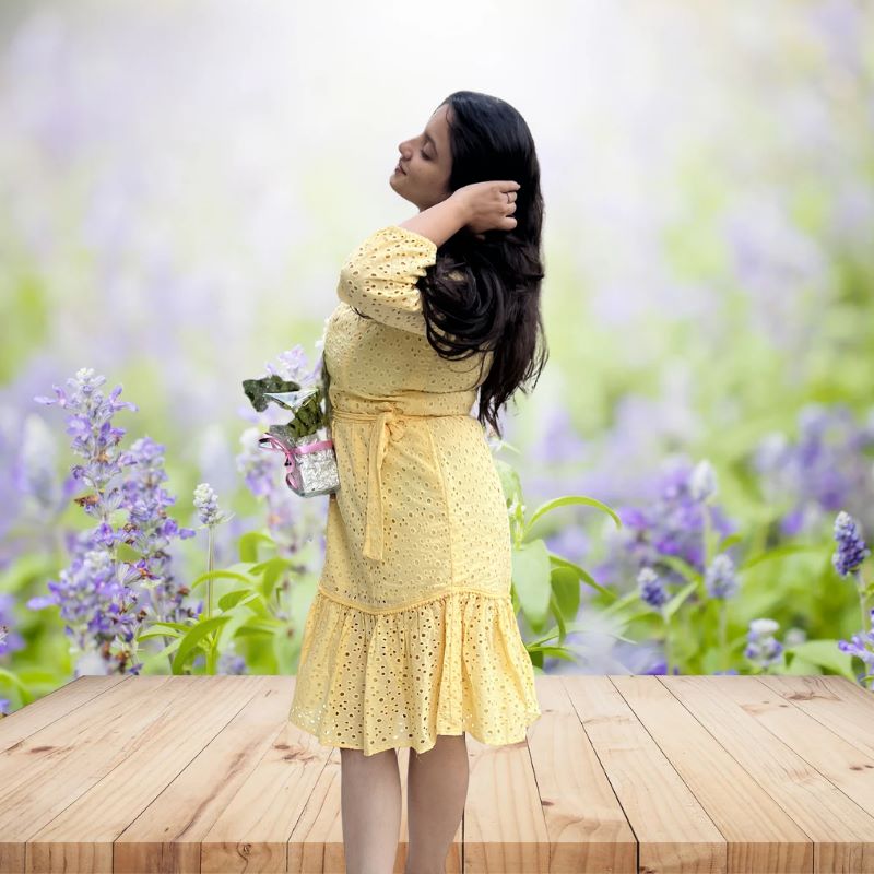 Lataree yellow cotton hakoba tiered midi dress