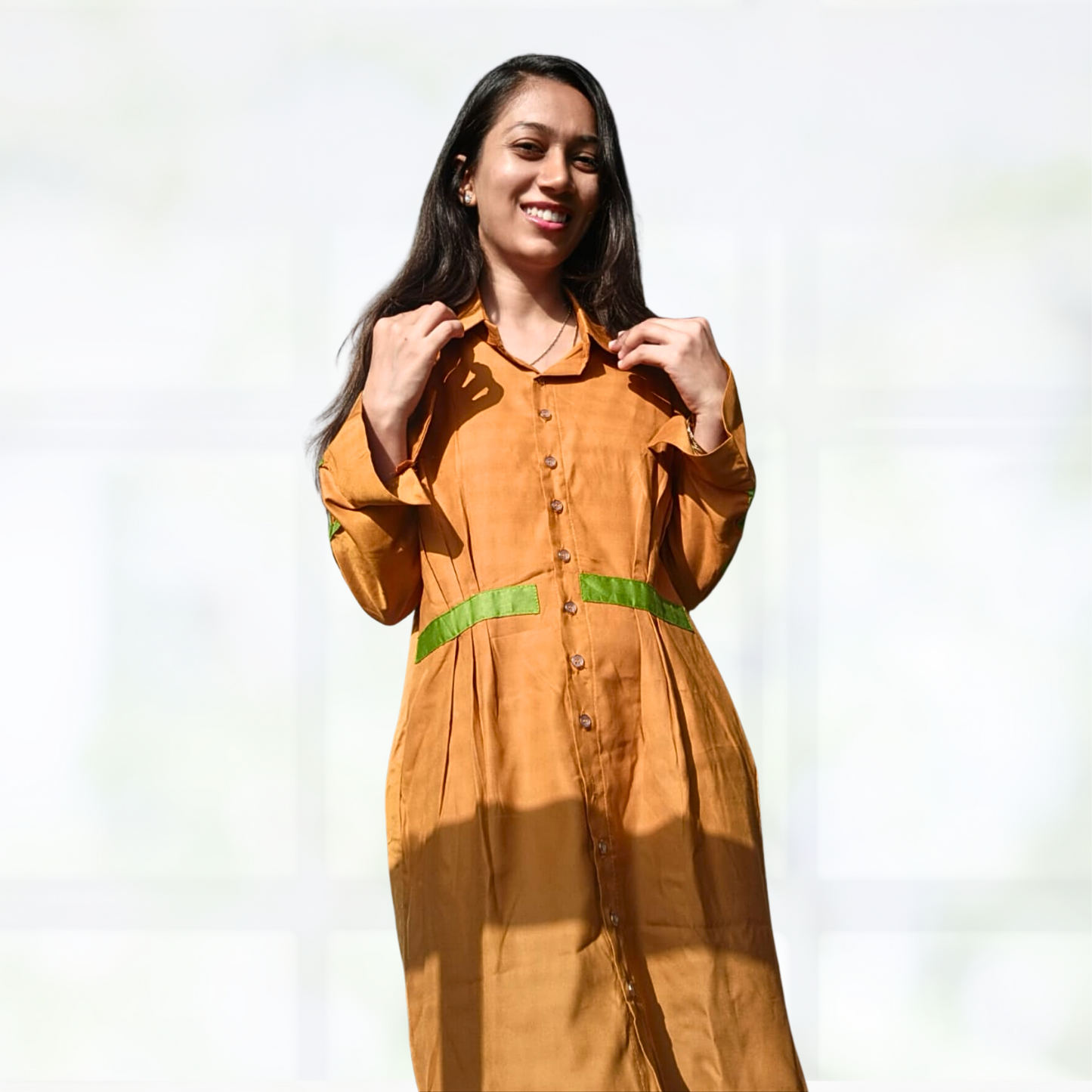 LATAREE Mustard Button-Down Dress with Green Waist Accents & Pockets – Stylish & Functional