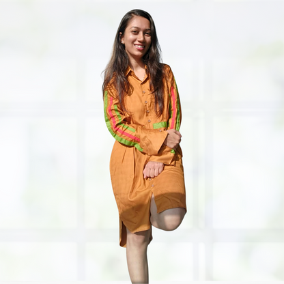 LATAREE Mustard Button-Down Dress with Green Waist Accents & Pockets – Stylish & Functional
