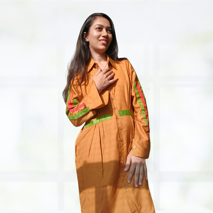 LATAREE Mustard Button-Down Dress with Green Waist Accents & Pockets – Stylish & Functional