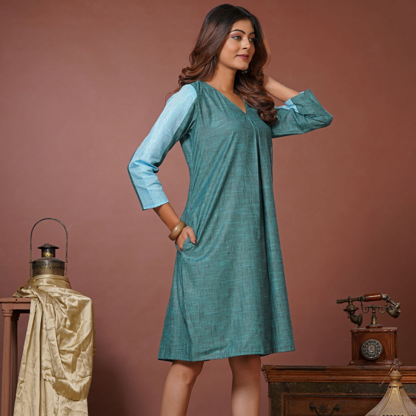 Lataree Jiya high summer collection- Dual Drama Panel Dress – Sky Blue Linen Cotton, Full Sleeves, Pockets