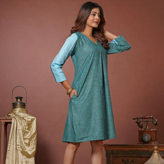Lataree Jiya high summer collection- Dual Drama Panel Dress – Sky Blue Linen Cotton, Full Sleeves, Pockets