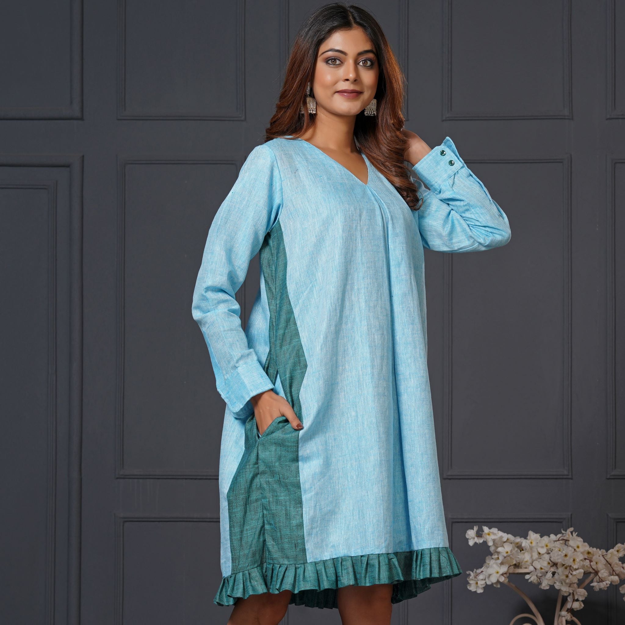 Linen Ruffle Dress with Pockets