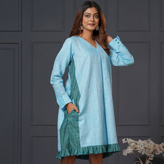 Lataree Jiya high summer collection-Azure Ruffle Day Dress – Linen Cotton Side Panel Dress with Pockets
