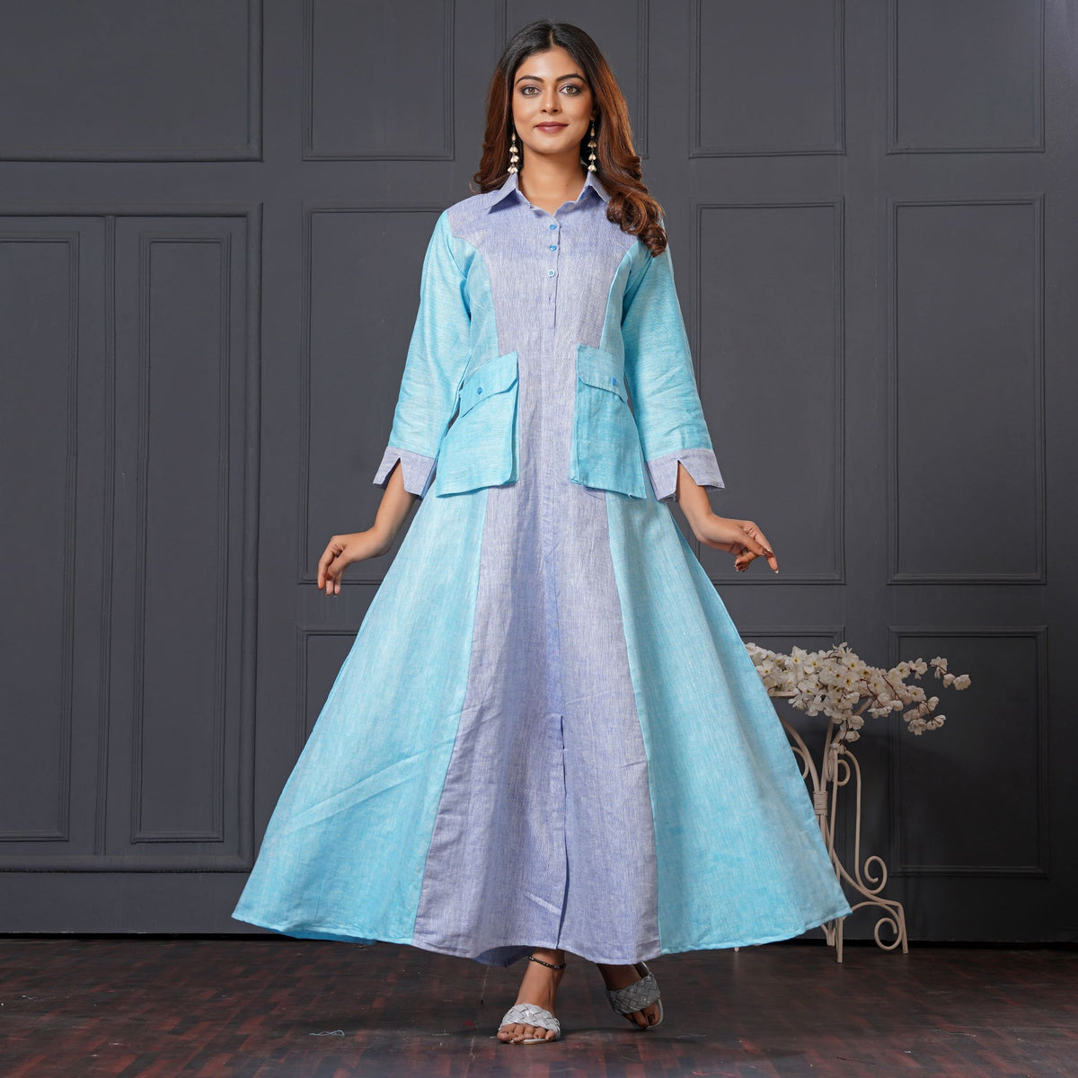 Ocean Mist Cargo Maxi Blue Linen Long Gown with Pockets