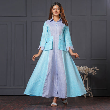 Ocean Mist Cargo Maxi Blue Linen Cotton Long Gown with Pockets - Lataree