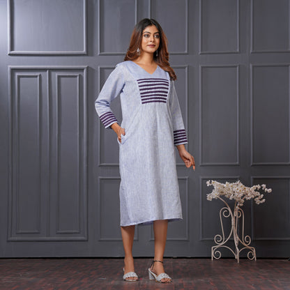 Powder Blue Linen Cotton A-Line Dress with Pockets - Lataree