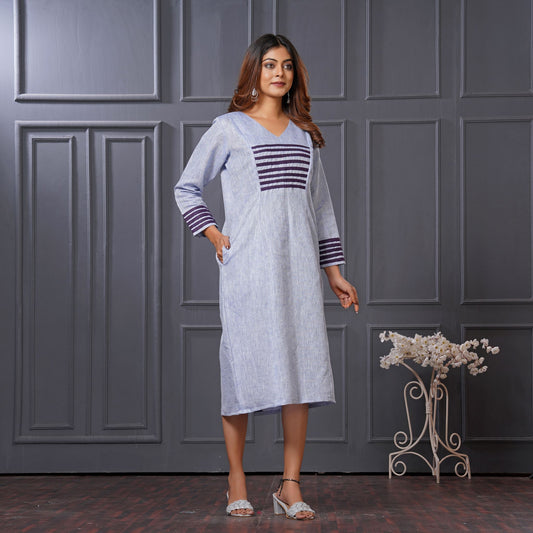Lataree Jiya High Summer Collection – Blue Striped A-Line Linen Cotton Dress with Pockets
