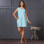 Sky Blue Linen Pintuck Short Dress with Pockets