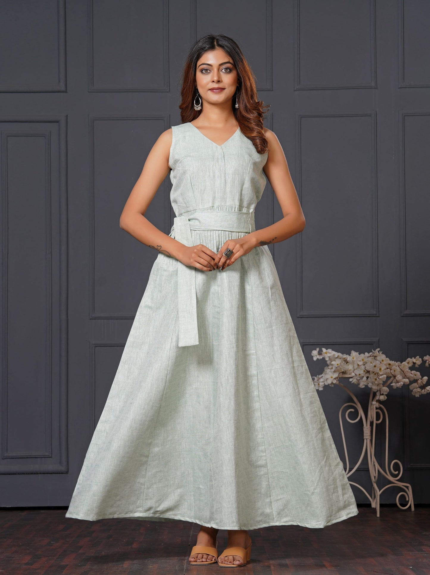 Green Linen Cotton Sleeveless Long Gown with Belt & Pocket - Lataree