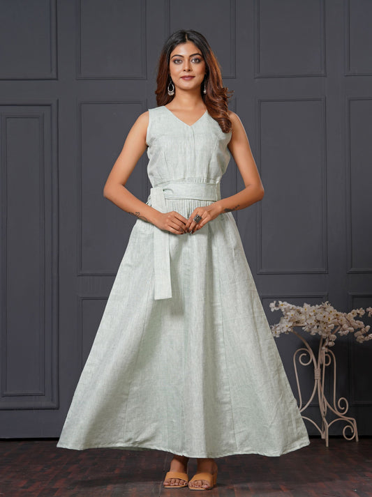 Lataree Jiya High Summer Collection – Green Linen Cotton Sleeveless Long Gown with Belt & Pocket