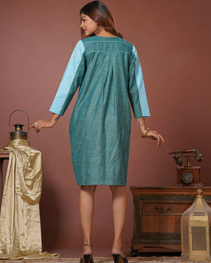 Sky Blue Linen Cotton Dual Drama midi Dress With Pockets - Lataree