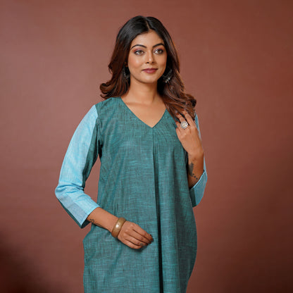 Sky Blue Linen Cotton Dual Drama midi Dress With Pockets - Lataree