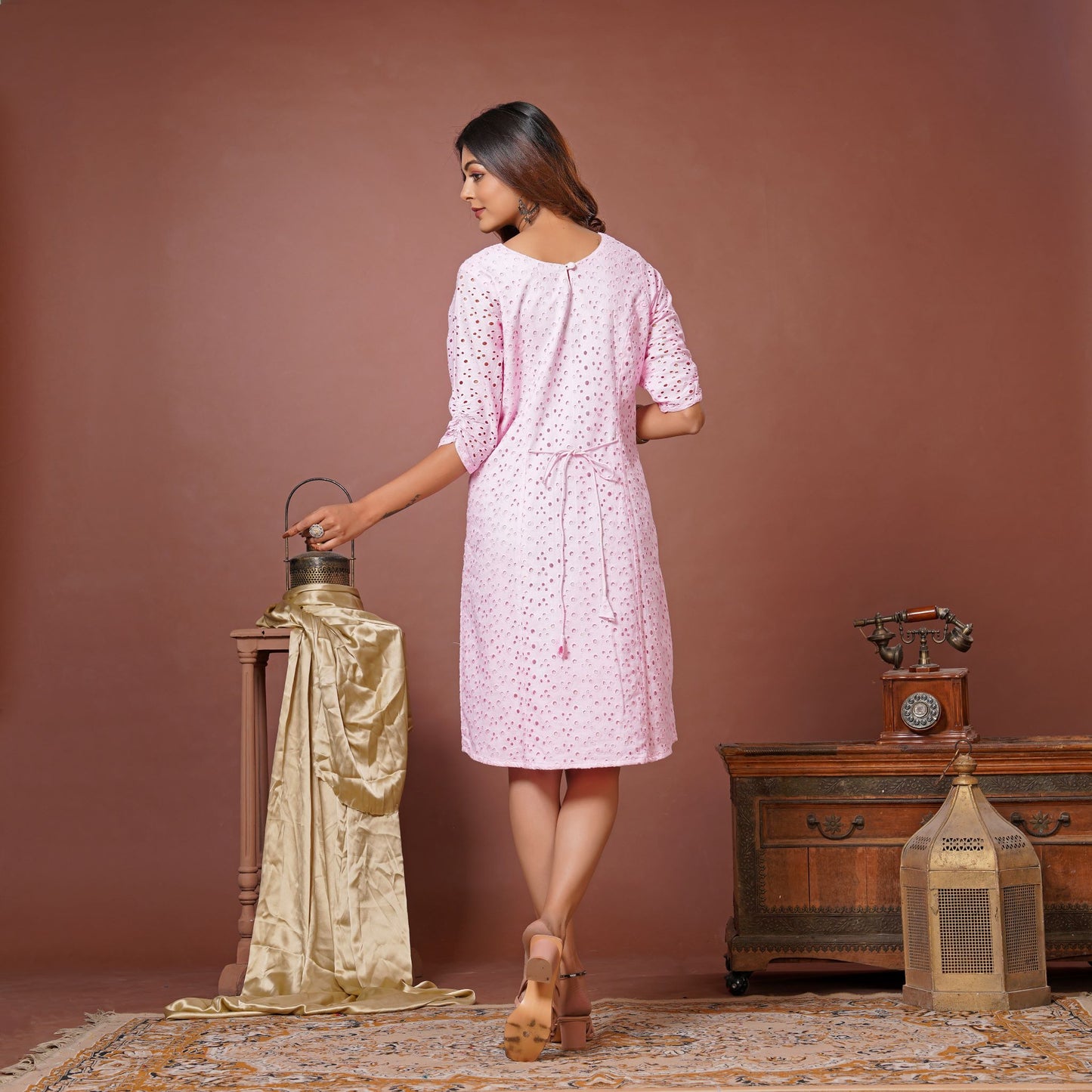 Pink A-line Dress with Button Detailing & Slit - Lataree