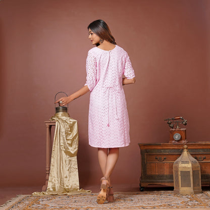 Pink A-line Dress with Button Detailing & Slit - Lataree