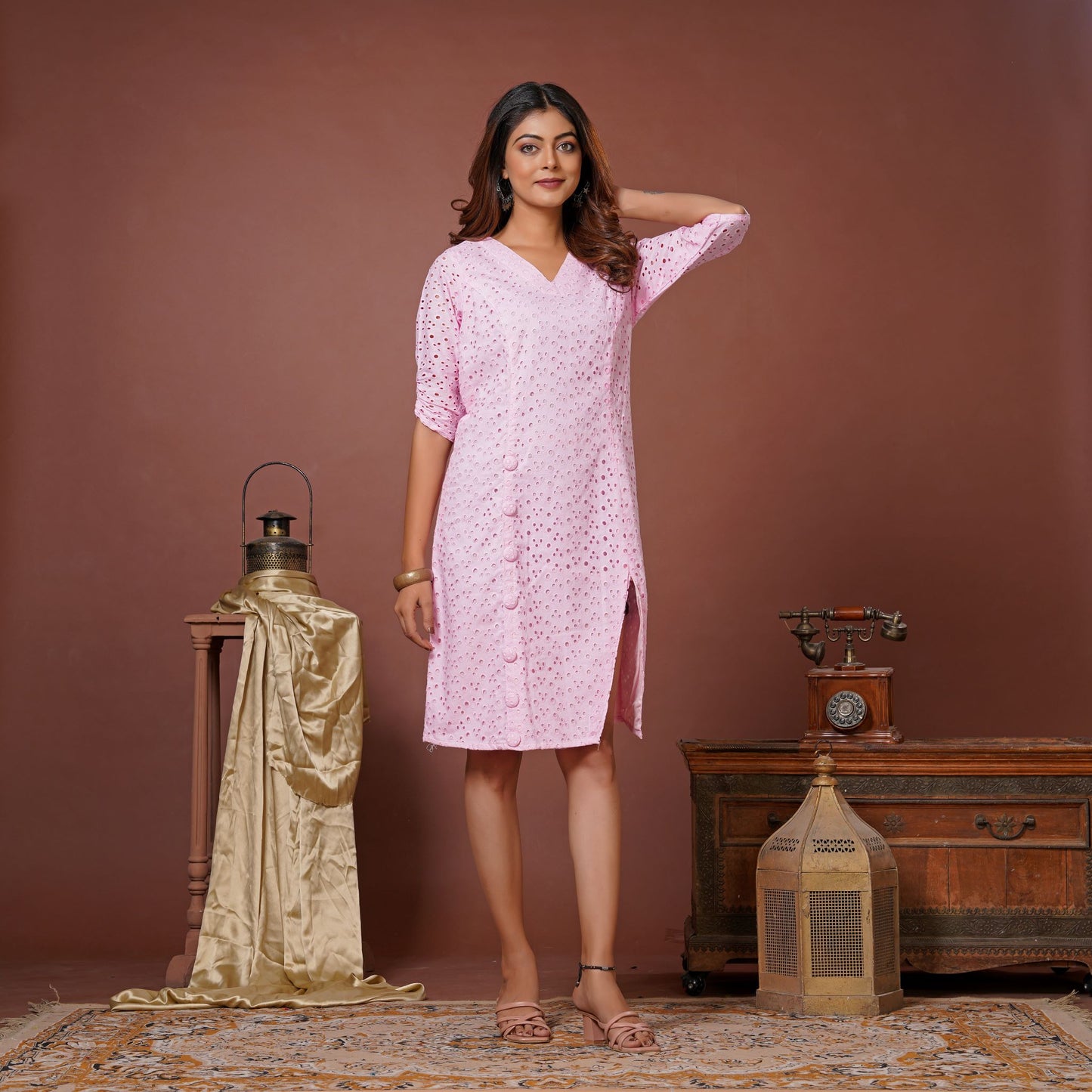 Pink A-line Dress with Button Detailing & Slit - Lataree