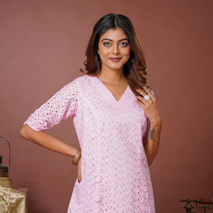 Pink A-line Dress with Button Detailing & Slit - Lataree