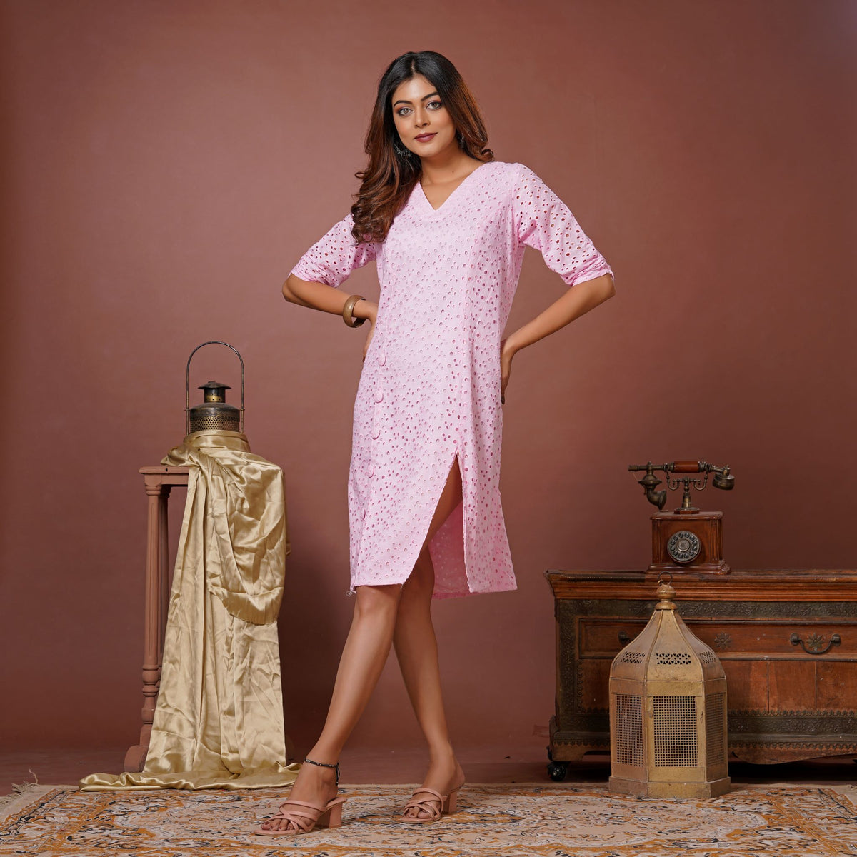 Pink A-line Dress with Button Detailing & Slit