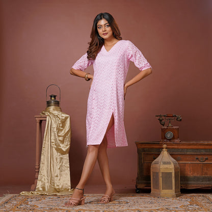 Pink A-line Dress with Button Detailing & Slit - Lataree