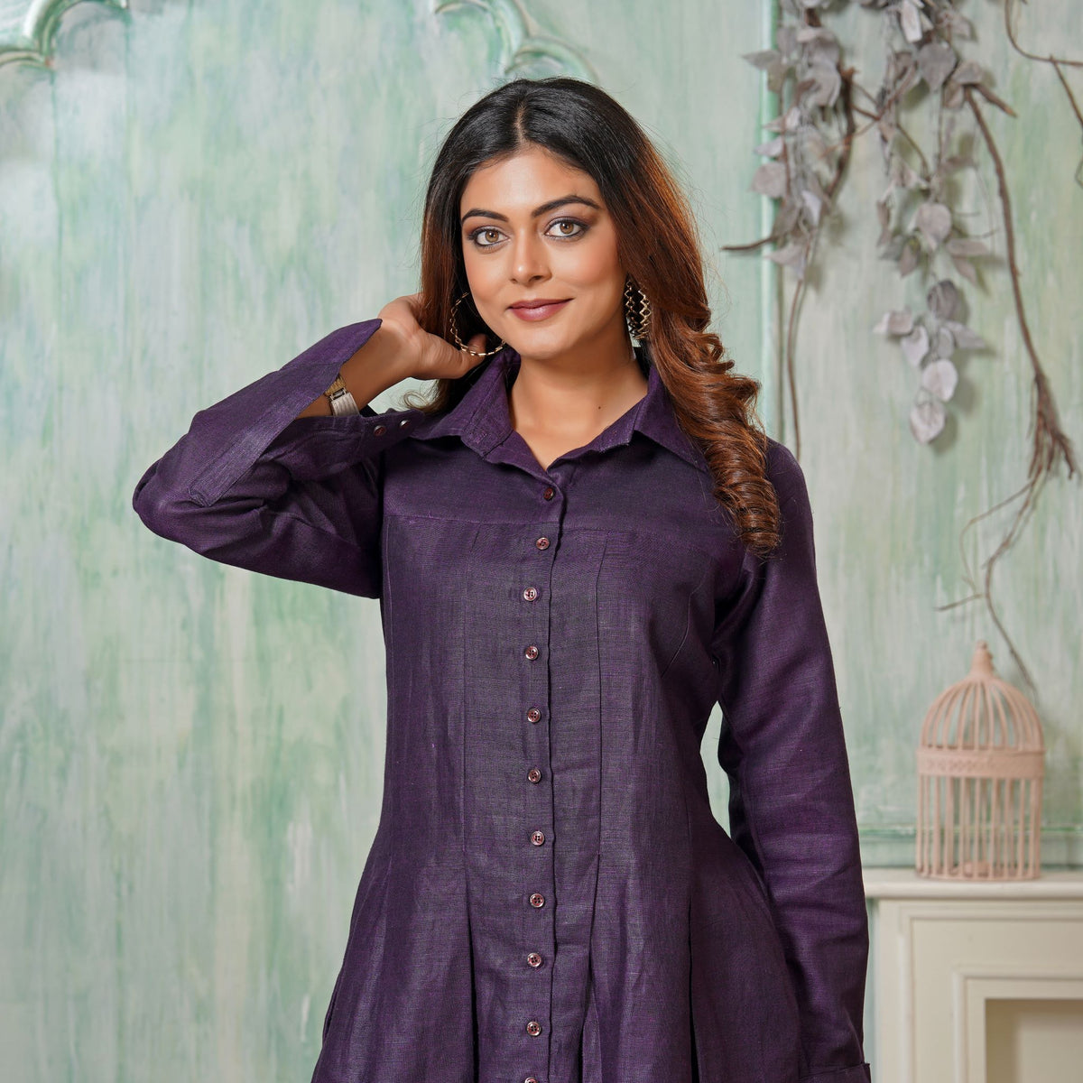 Purple Linen Midnight Pleated Short shirt Dress with Pockets